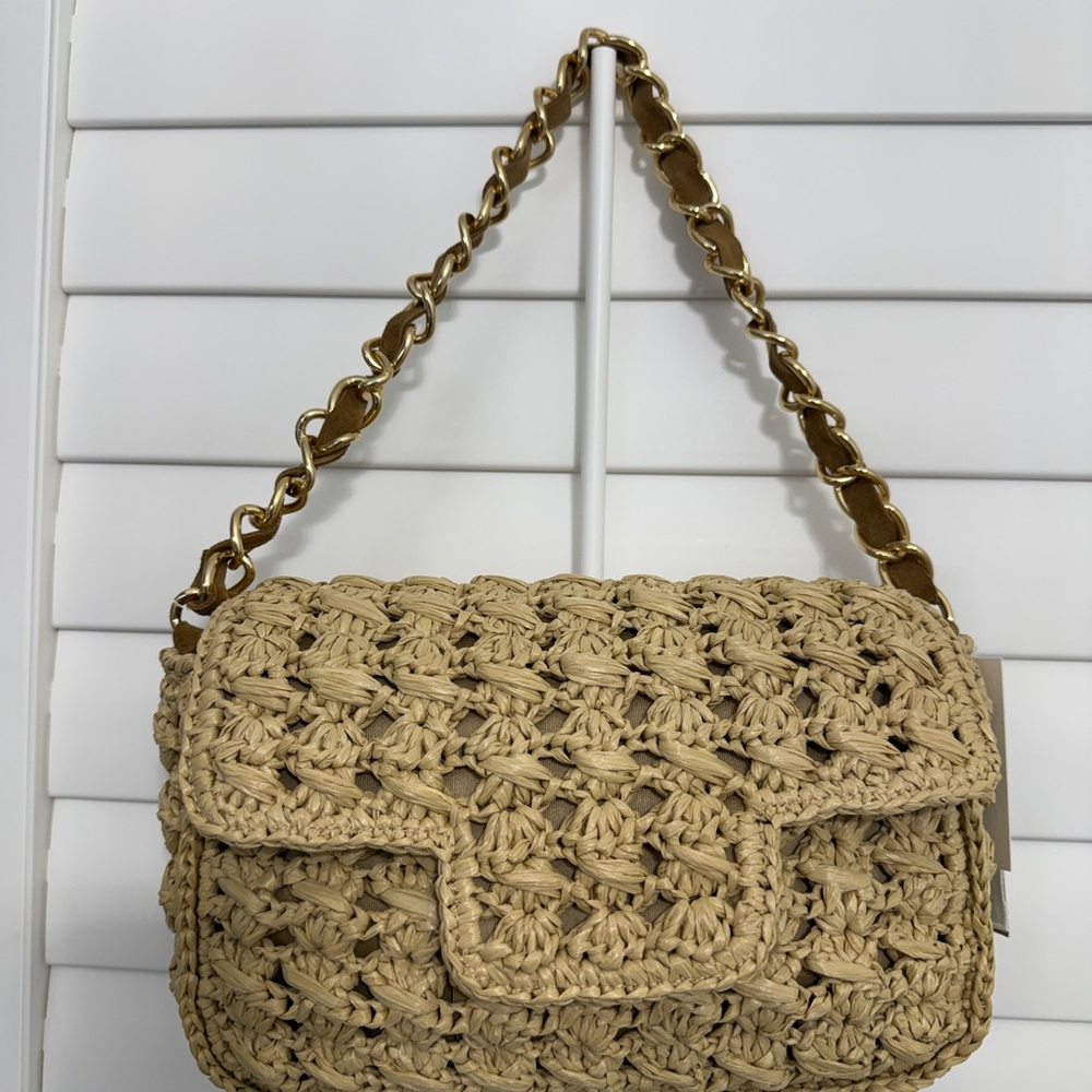 120% Lino Elegant Tan Woven Raffia Shoulder Bag